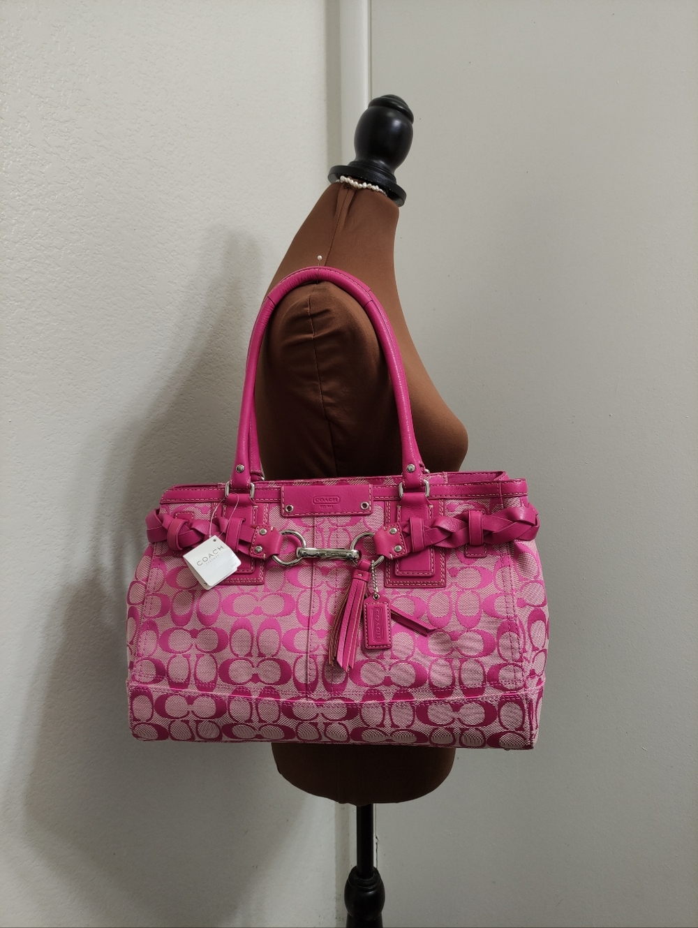 Vintage Y2K Coach F13068 Hampton Signature Large Carryall Satchel Hibiscus/Pink - Picture 6 of 14